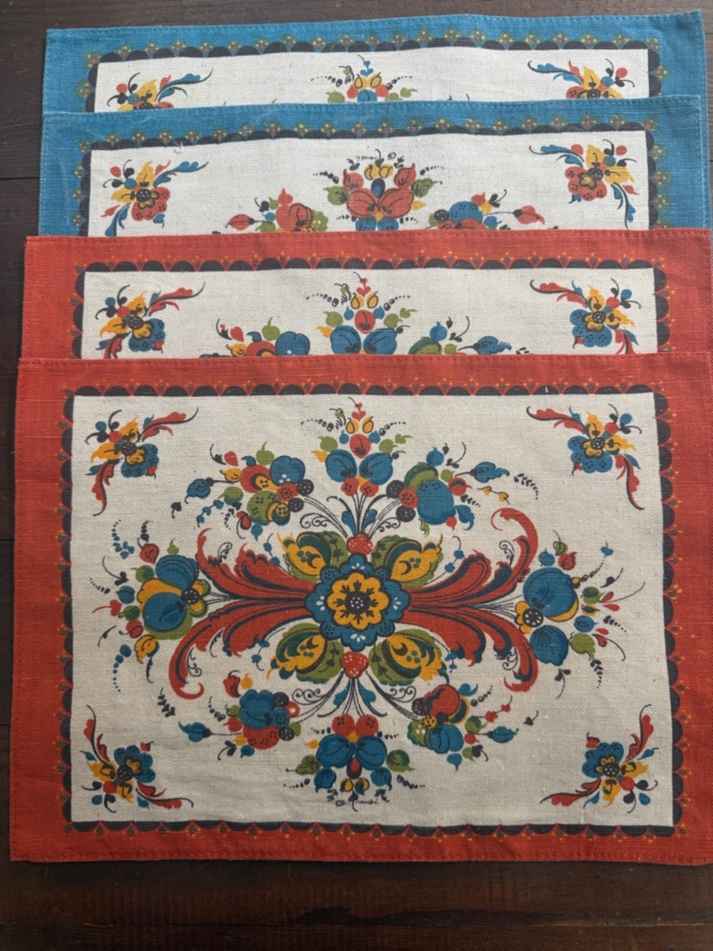 Vintage Folk Art Floral Placemats Set of 4: Red and Blue Scandinavian Style